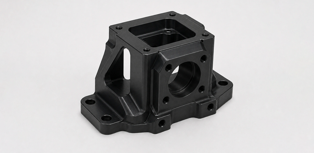 Black powder coated CNC machined metal part