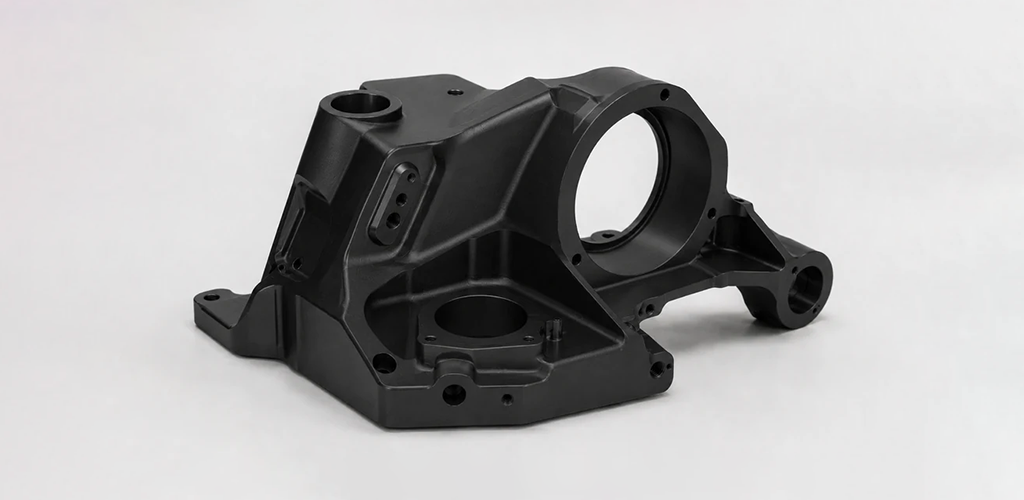 5-axis CNC machined component with black powder coated finish