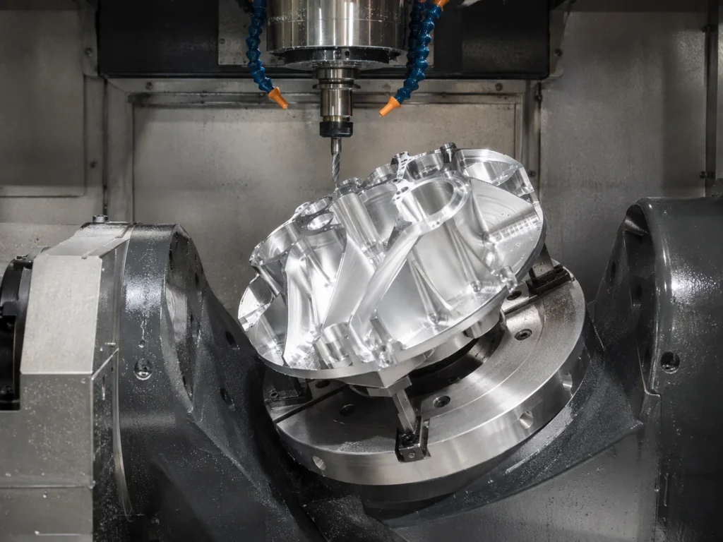5-axis CNC machining of a complex aluminum part with multiple precision features