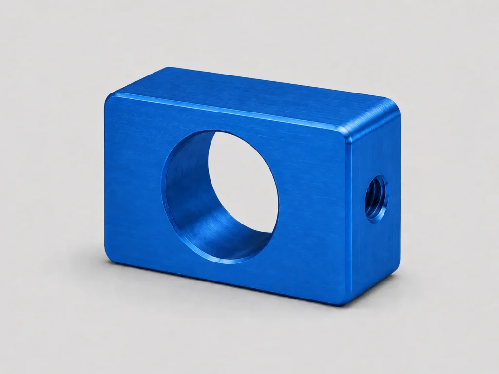 Blue anodized CNC aluminum part after surface finishing