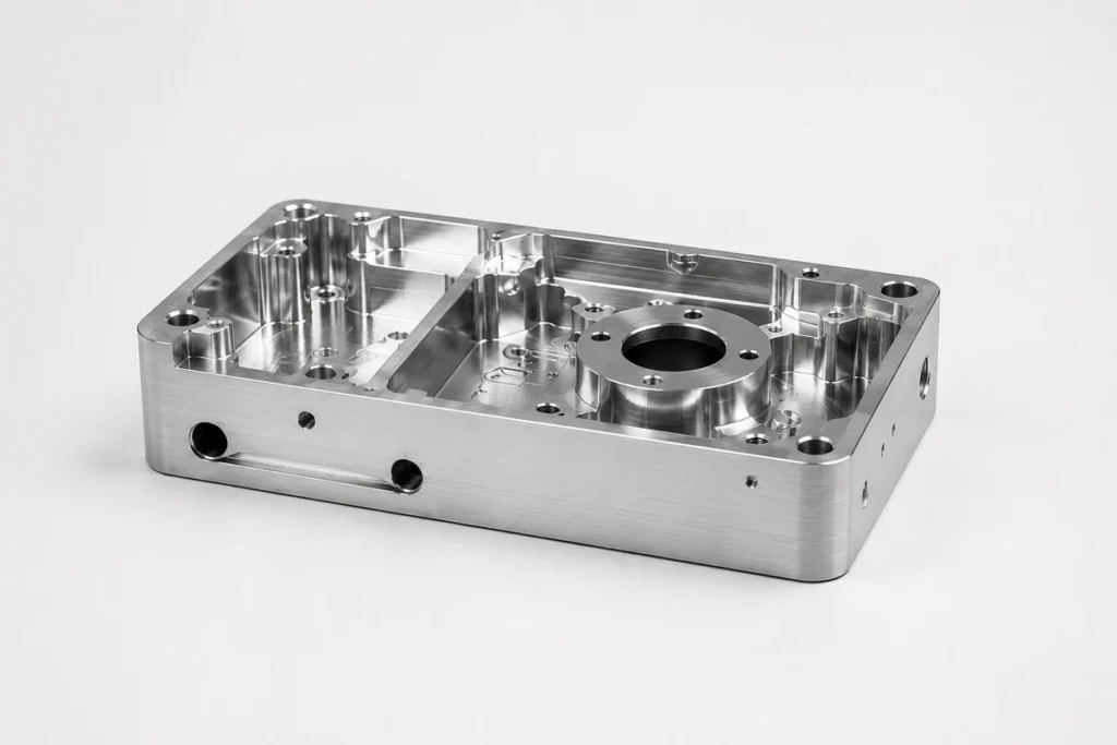 As-machined CNC milled aluminum housing with visible tool marks