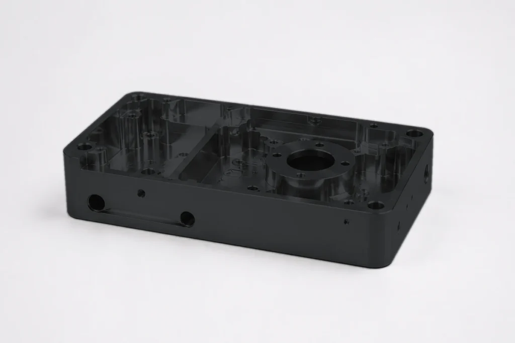 Black oxide CNC machined steel housing
