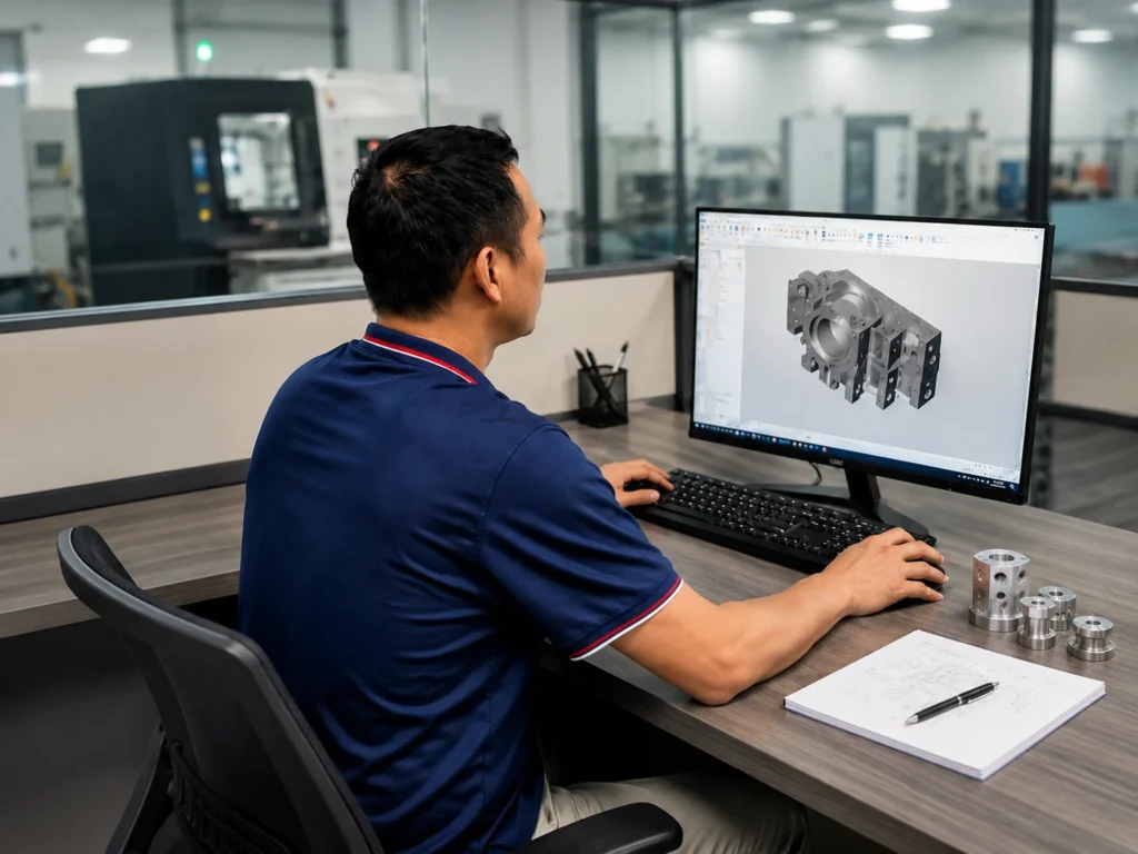 Engineer reviewing a CNC machined part design and material selection in CAD