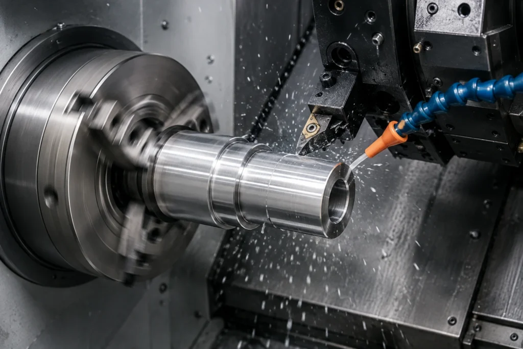 Precision CNC turning of a custom metal part on a CNC lathe