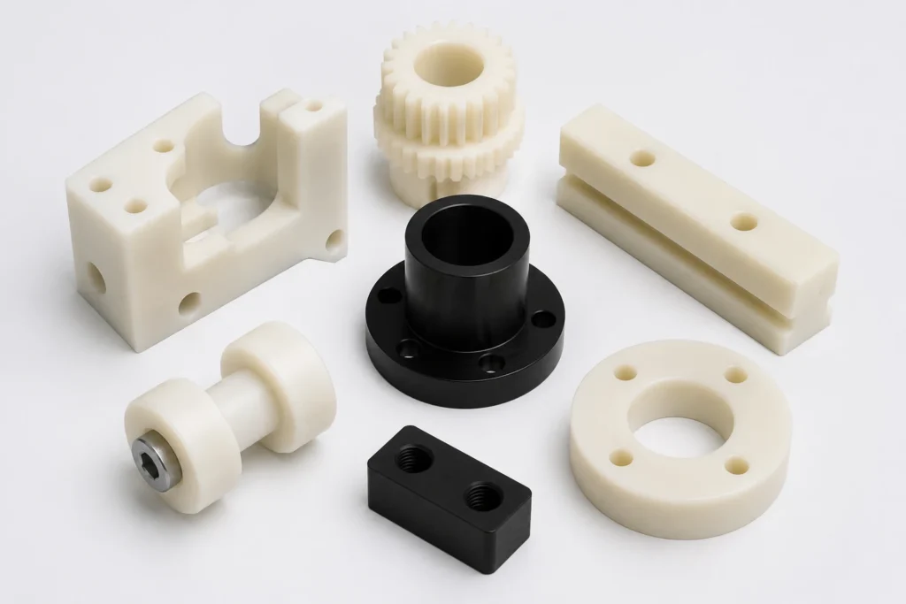 CNC machined nylon PA parts including gears, rollers, bushings and mechanical components