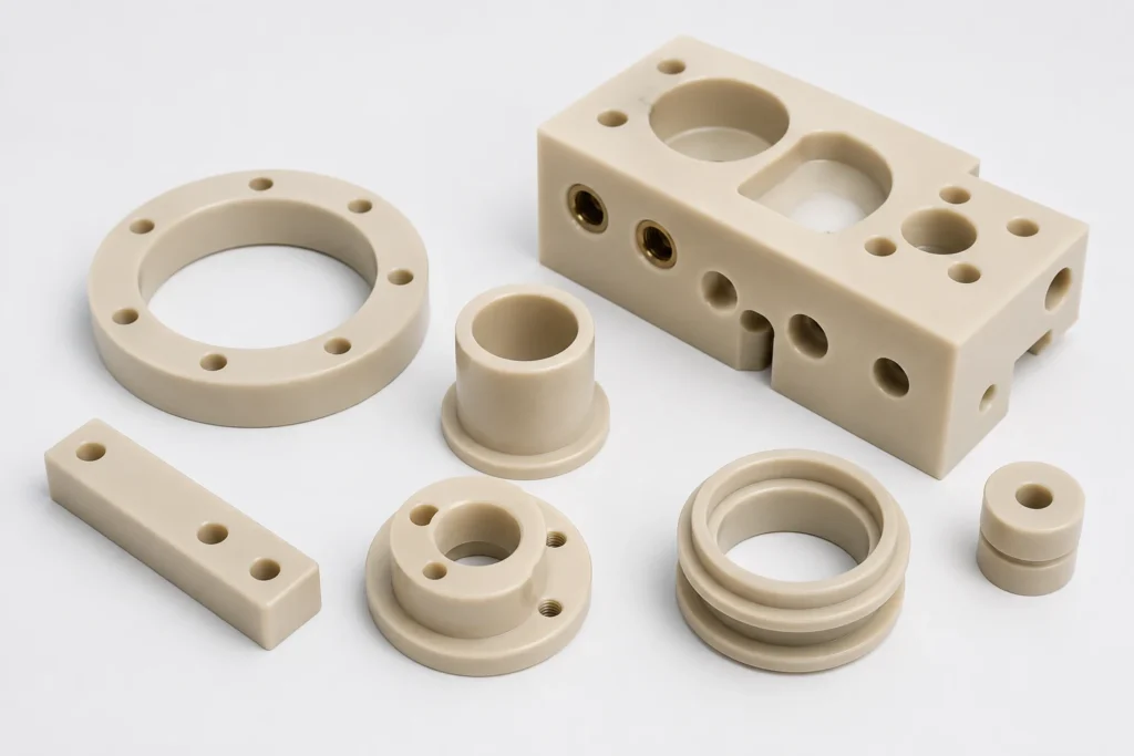 CNC machined PEEK parts including bushings, rings, housings and high-temperature components
