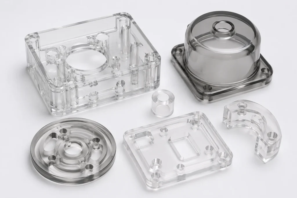 CNC machined polycarbonate parts including transparent housings, covers and precision components