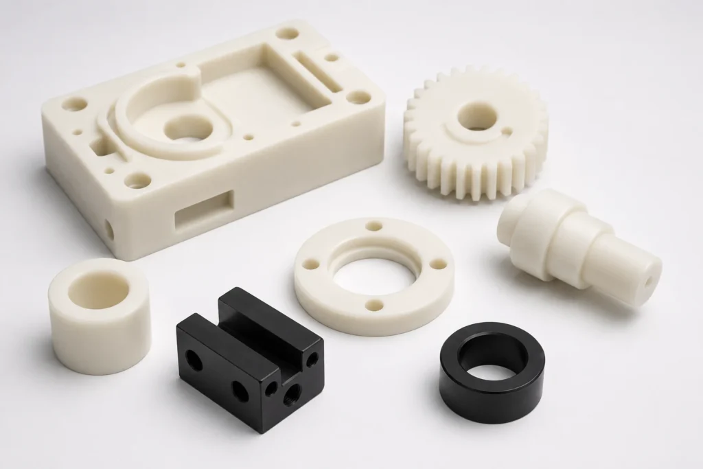 CNC machined POM Delrin parts including gears, bushings, housings and precision components