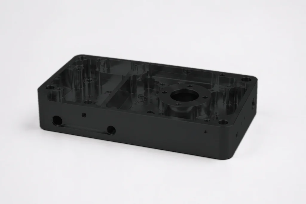 Black powder coated CNC machined housing
