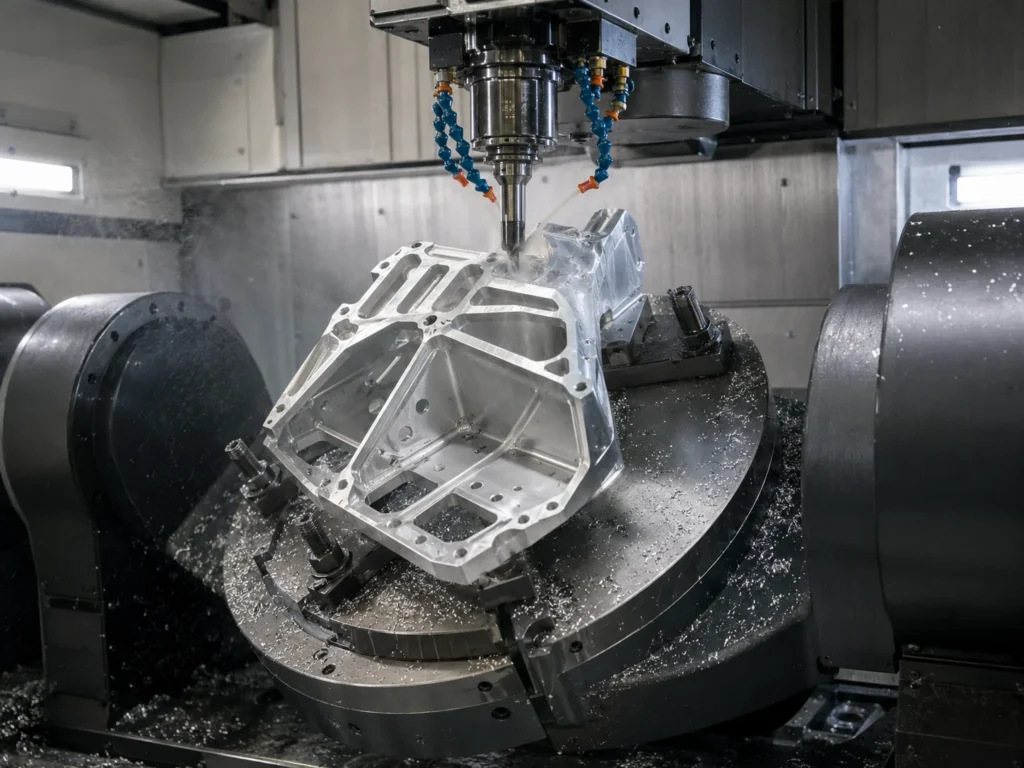 5-axis CNC machining of a multi-sided aluminum component