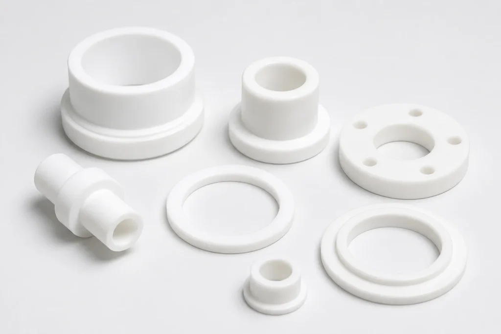 CNC machined PTFE parts including seals, bushings, rings and chemical-resistant components