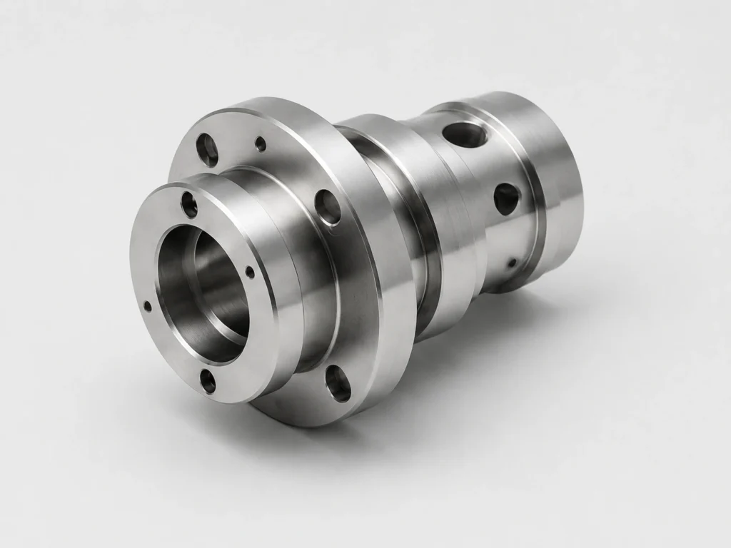 Precision CNC turned rotary component with bores and grooves