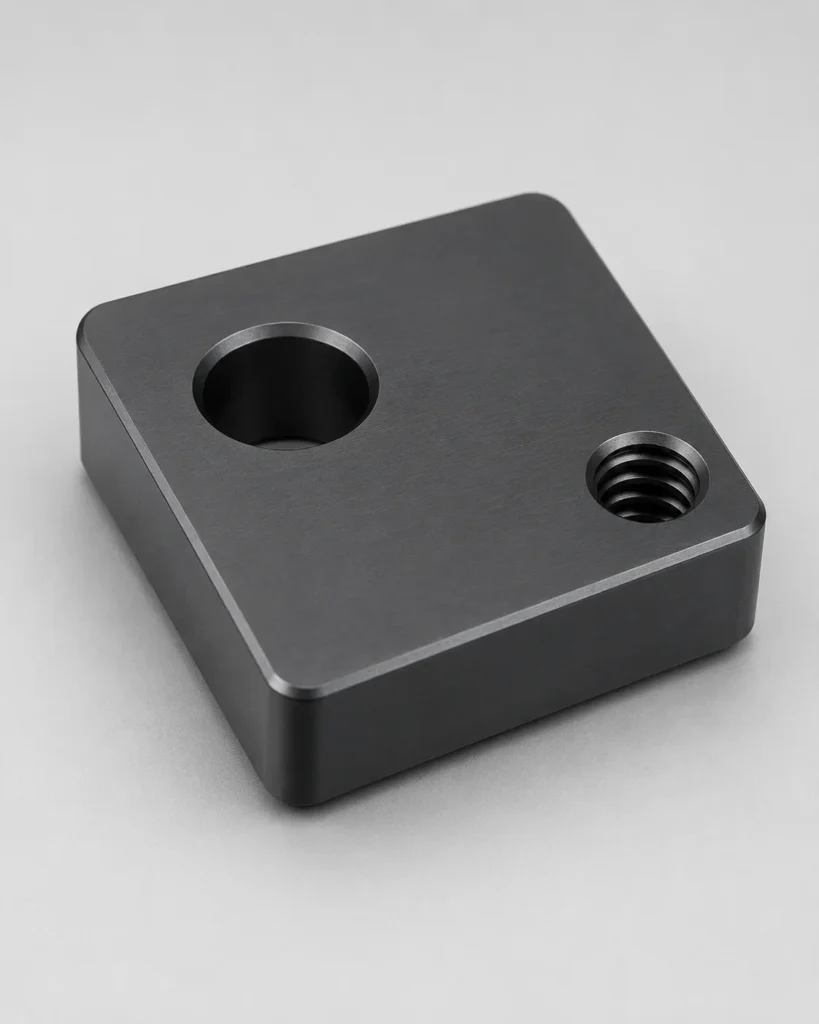 Dark gray Type III hardcoat anodized aluminum sample