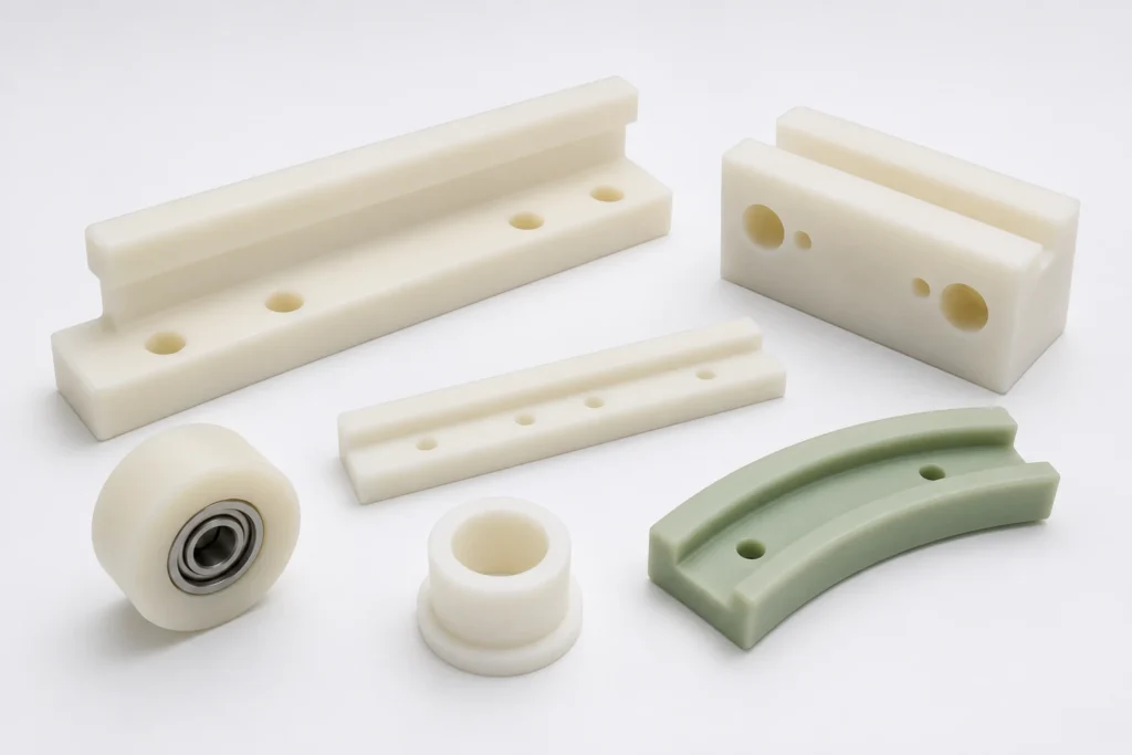 CNC machined UHMW-PE parts including wear guides, rollers, bushings and conveyor components