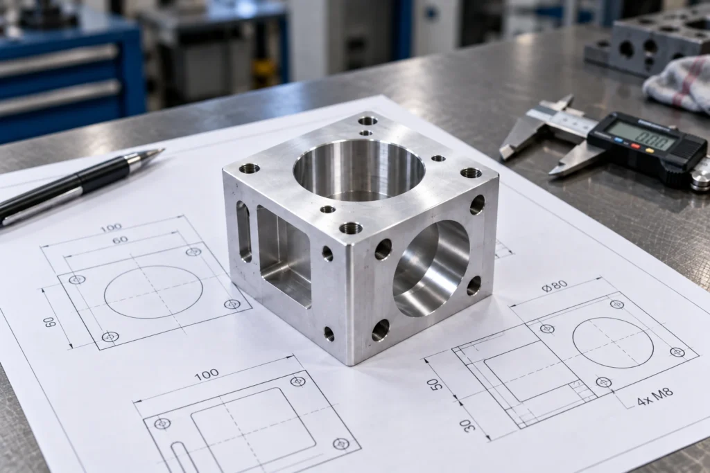Technical drawing and CNC machined part prepared for production review