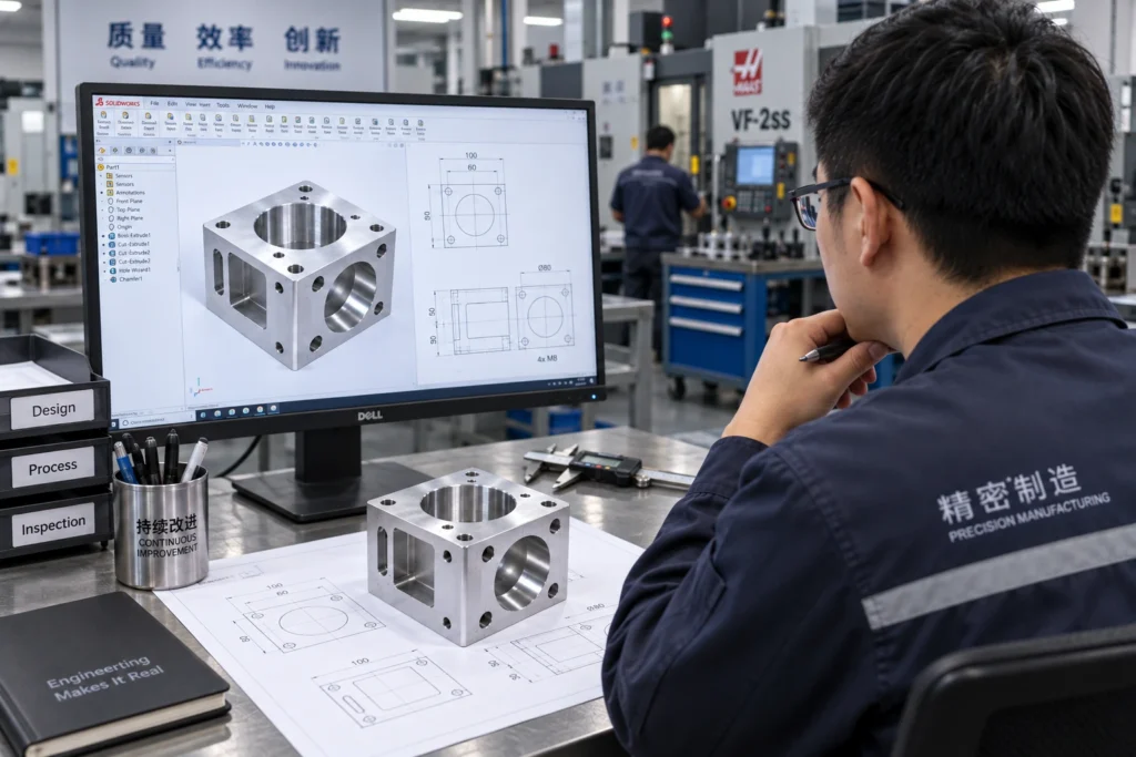Engineer reviewing CNC part drawings for low-volume production