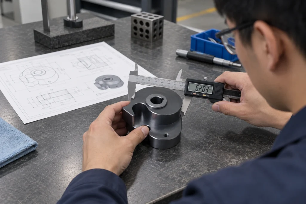 Engineer measuring a CNC prototype part during evaluation