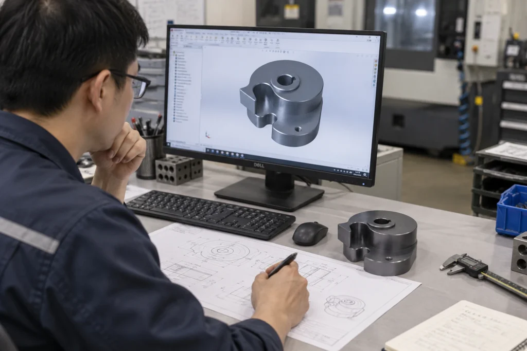 Engineer reviewing CAD design after CNC prototype testing