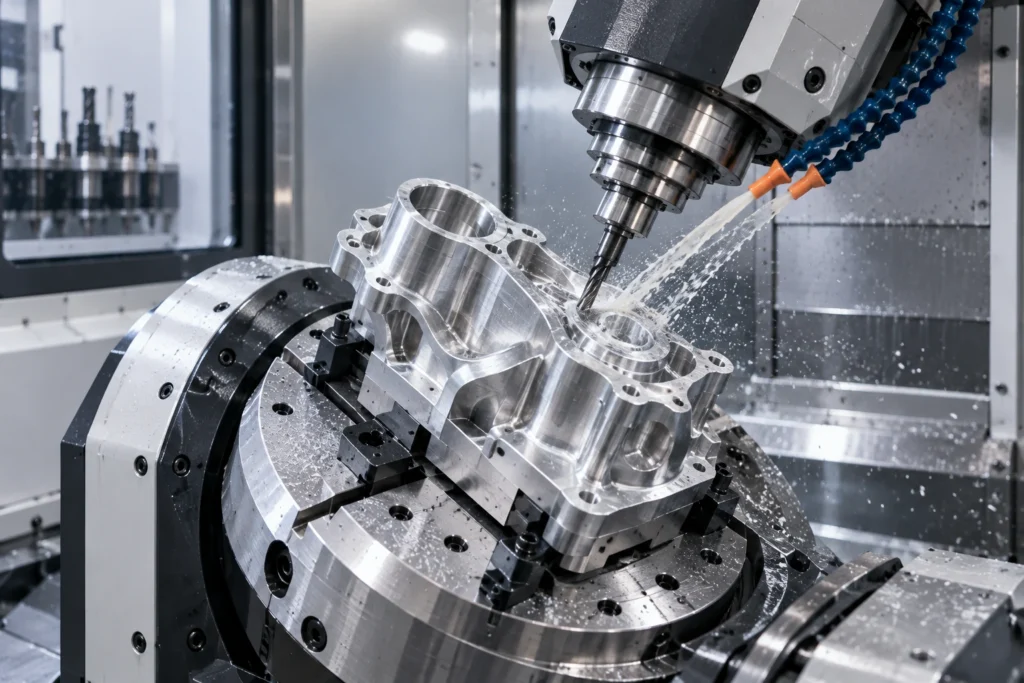 5-axis CNC machining an aluminum part with multi-angle tool access and complex geometry