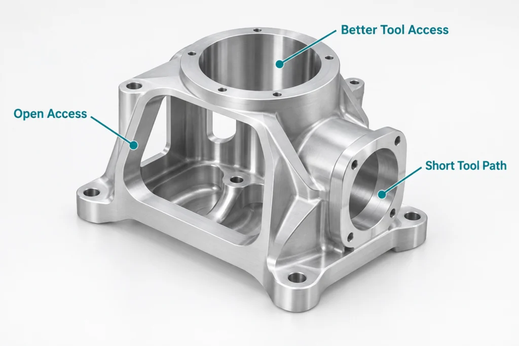5-axis machined part designed with clear multi-axis tool access and short tool paths