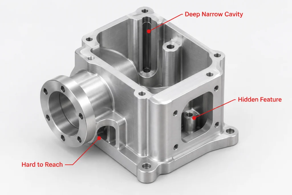 5-axis machined part with hidden features and deep cavities that increase machining difficulty