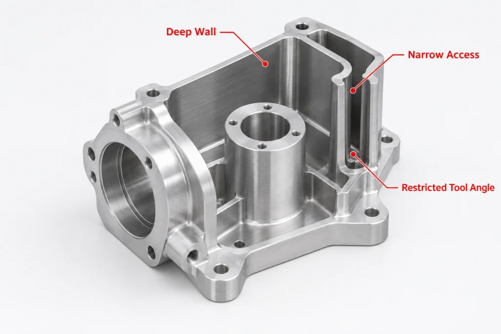 5-axis machining design with restricted tool access caused by deep walls and narrow geometry
