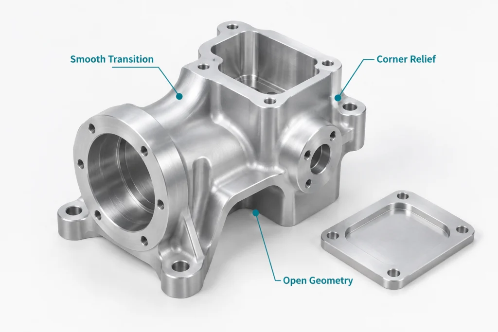 5-axis machined part with smooth continuous geometry for stable multi-axis toolpaths