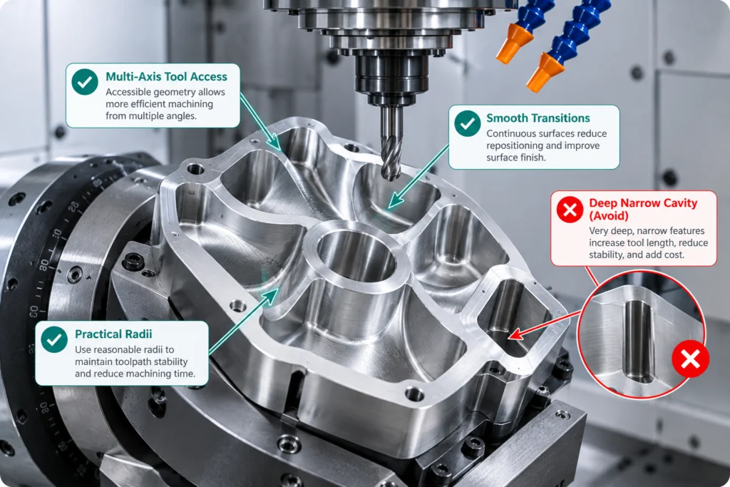 5-axis CNC machining design guidelines showing tool access, practical radii, and deep cavity considerations