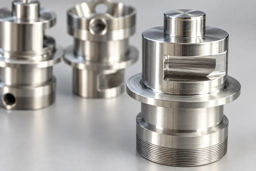 7075 aluminum CNC component with milled side pocket and turned features