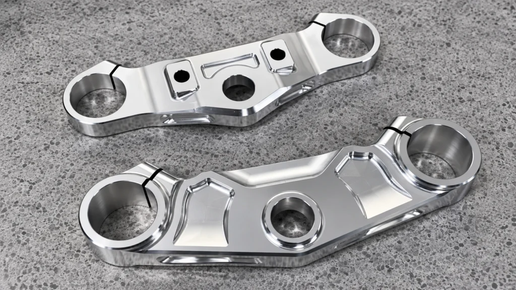 7075 aluminum motorcycle triple clamp components CNC machined for precision steering assembly