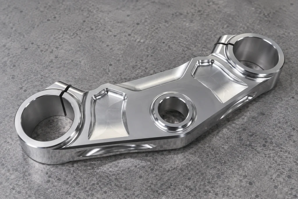 7075 aluminum motorcycle upper triple clamp CNC machined detail