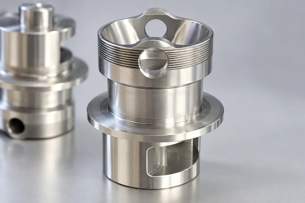 7075 aluminum turn-mill component with external threads and cross hole