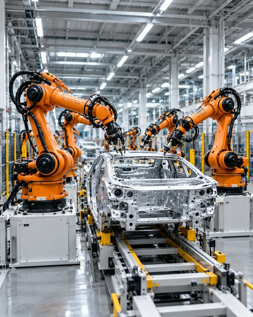 Industrial robotic arms used in automated manufacturing systems