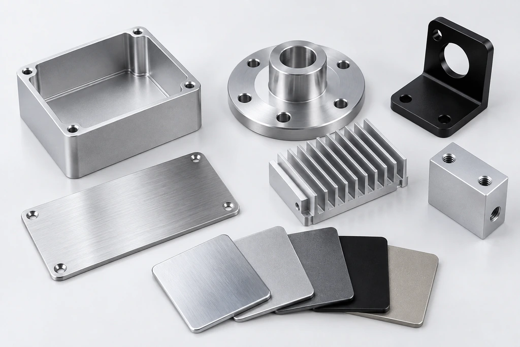 Aluminum CNC machined parts with anodized, bead blasted, polished and as-machined finishes