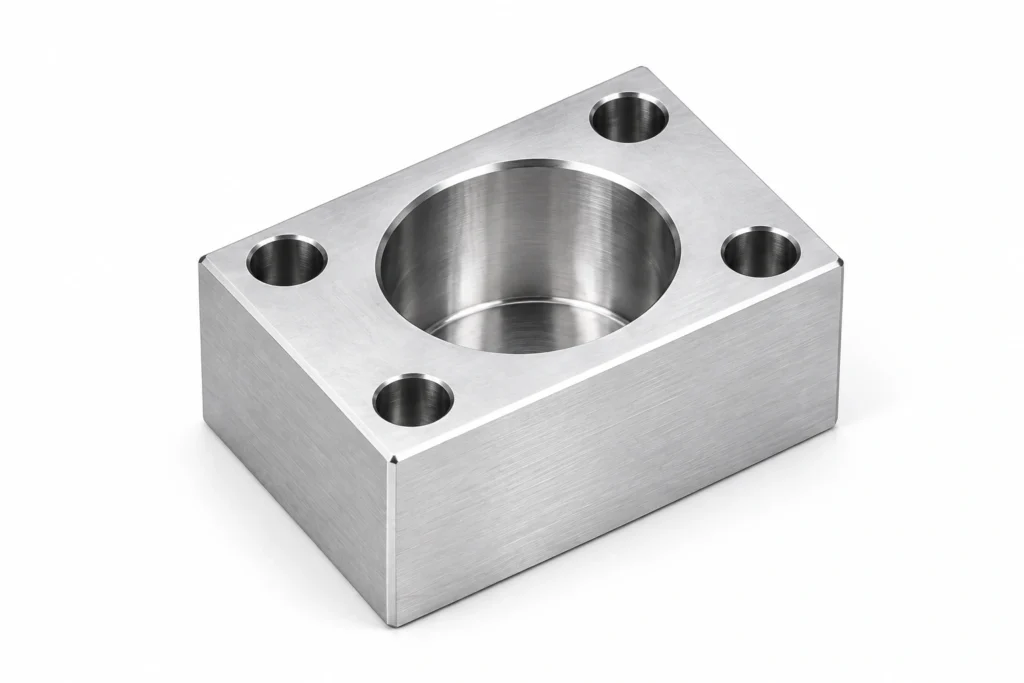 CNC machined aluminum block with precision bore and mounting holes