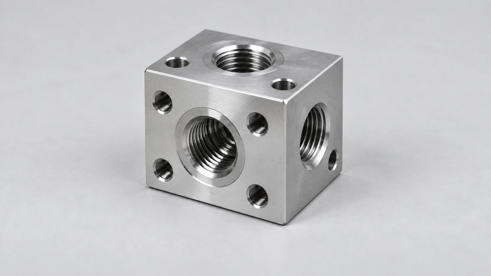 5-axis CNC machined aluminum manifold block with multiple threaded ports