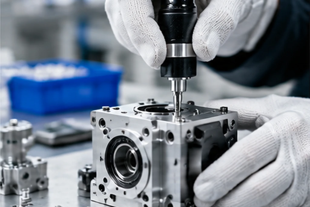 Technician assembling CNC machined components into a mechanical assembly