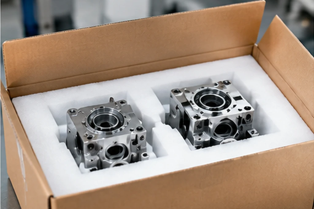Completed mechanical assemblies protected in foam packaging for shipment