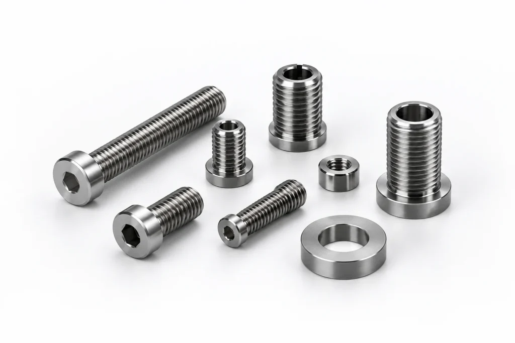 Fasteners and threaded inserts for CNC machined part assembly
