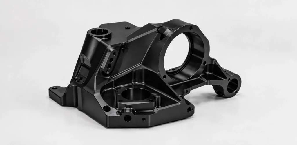 5-axis CNC machined aluminum part with black anodized finish