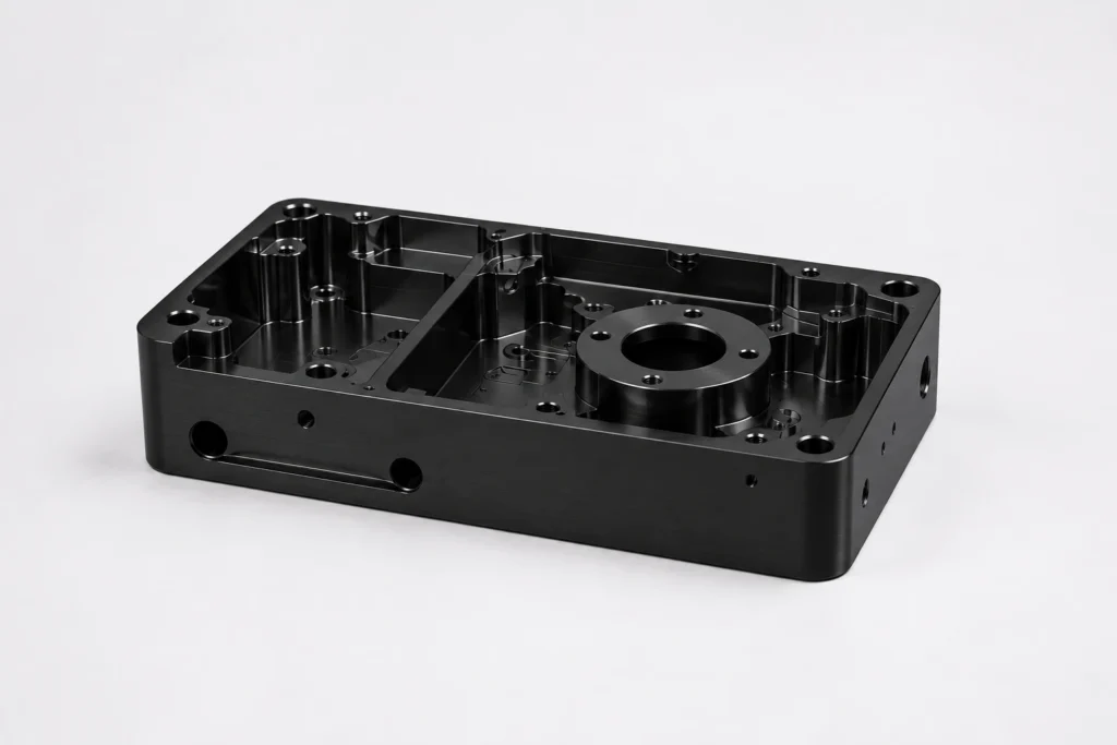 Black anodized CNC milled aluminum housing