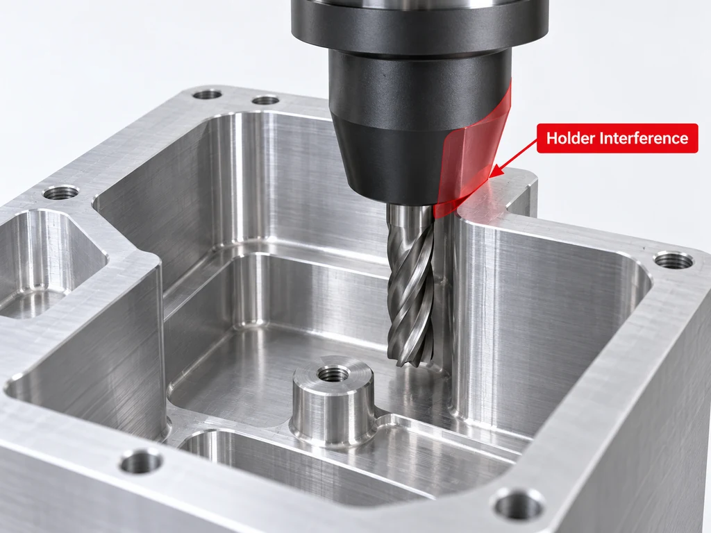 Blocked CNC tool path caused by insufficient cutter and holder clearance