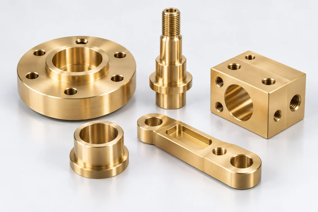 Precision brass CNC machined parts including flange, shaft, bushing, block and bracket
