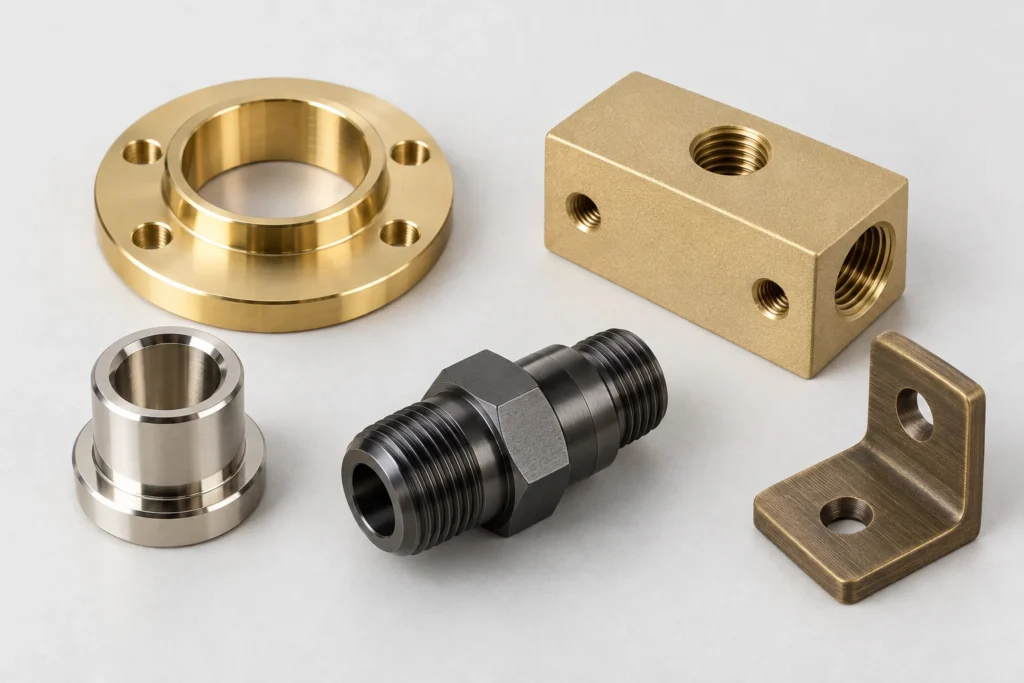 Brass CNC machined parts showing polished, plated and as-machined surface finishes