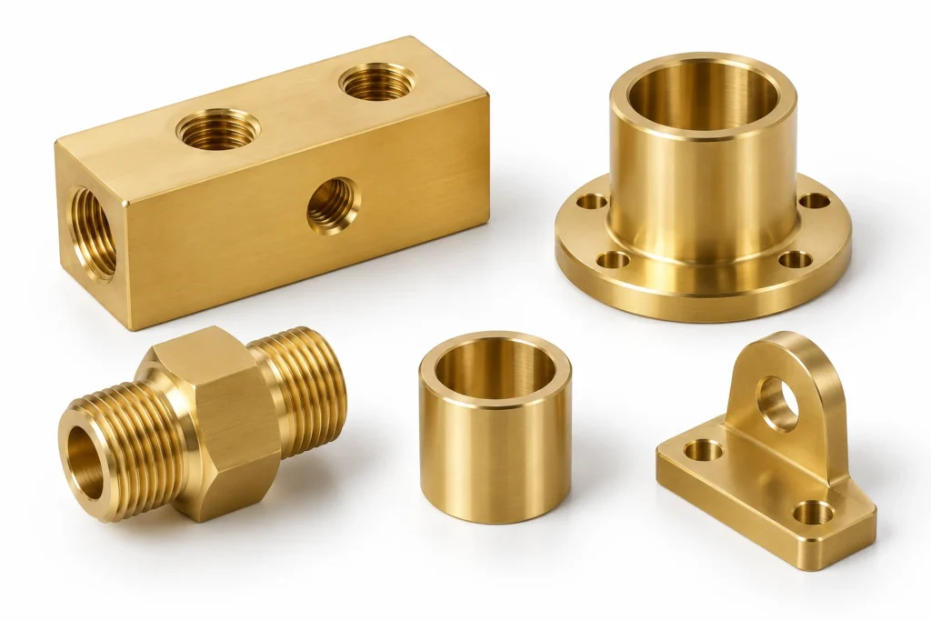 C260 brass CNC machined components including fitting, bushing, flange and mounting bracket