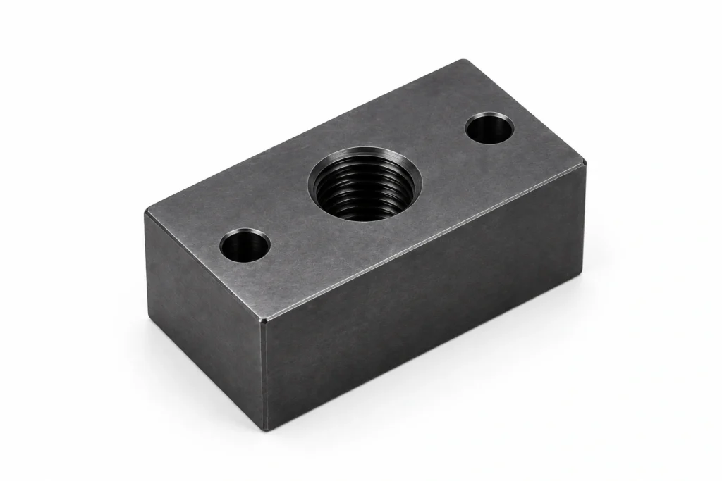 CNC machined carbon and alloy steel block with threaded hole