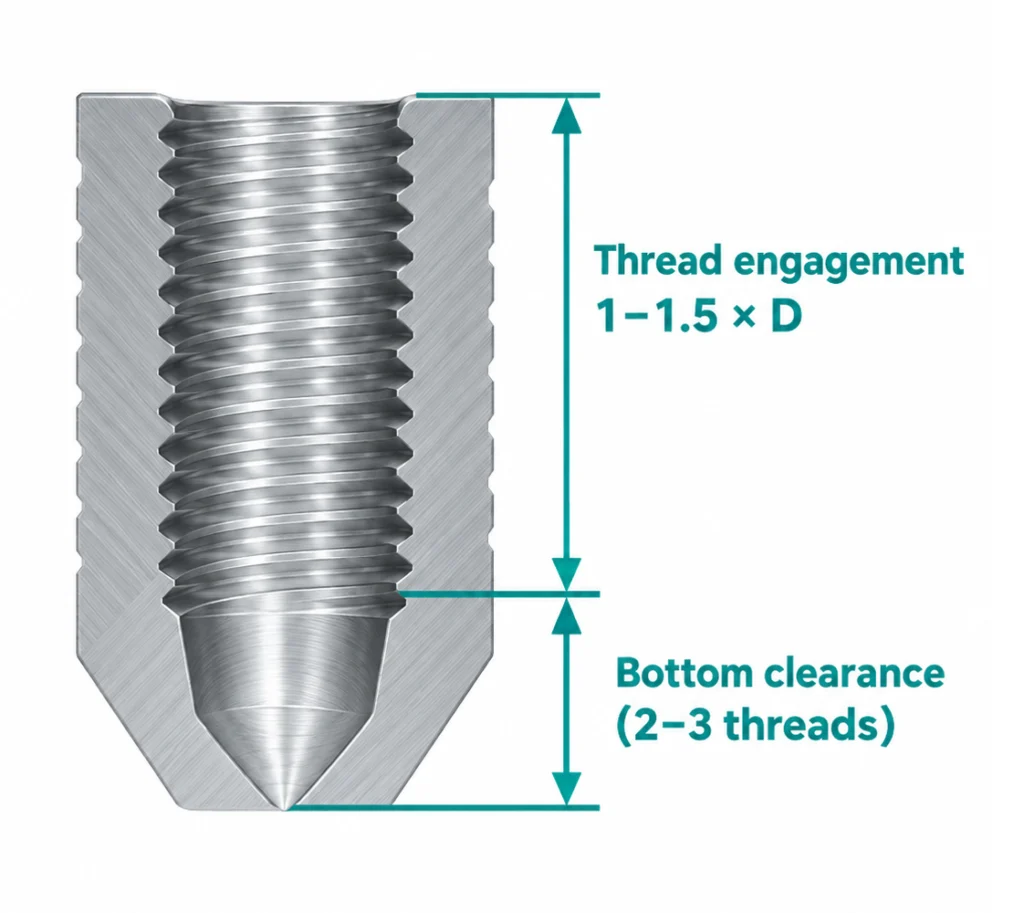 Blind hole thread design showing recommended thread engagement and bottom clearance