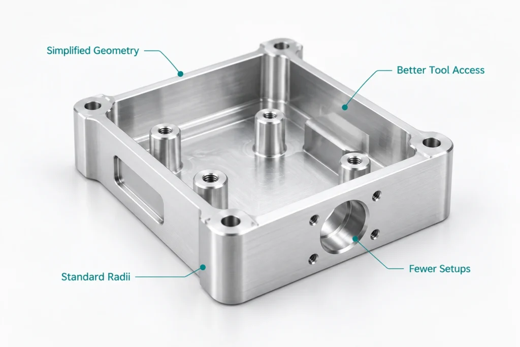 CNC machining cost optimization showing simplified geometry, better tool access, standard radii, and fewer setups