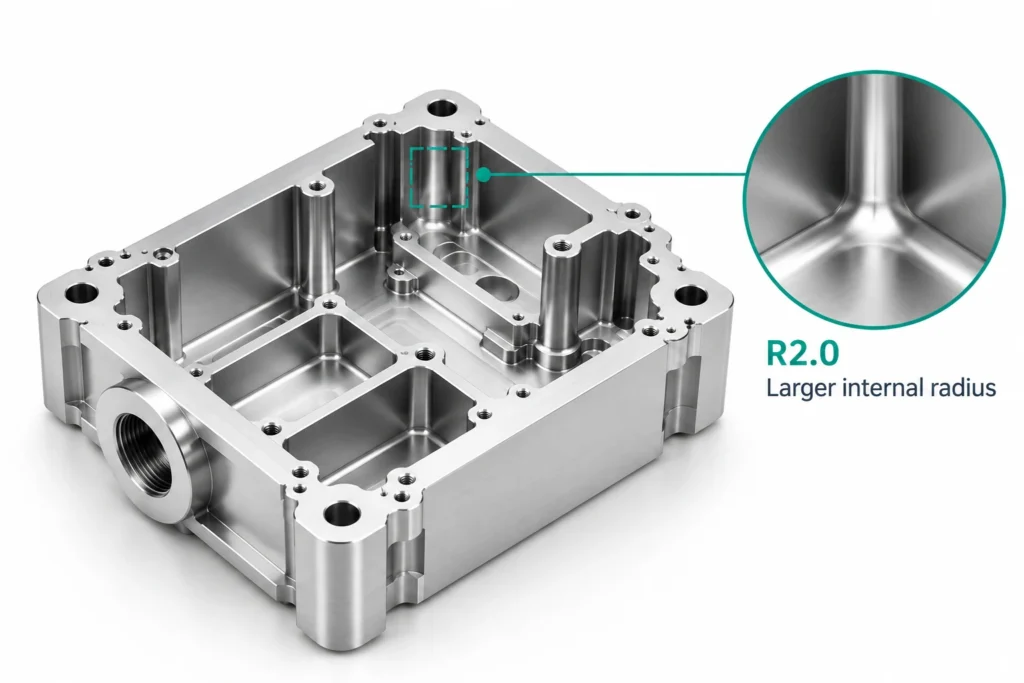 Optimized CNC part design with a larger internal radius for improved manufacturability and lower machining cost