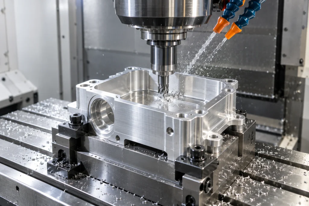 CNC milling an aluminum part designed to reduce machining time, setups, tooling, and secondary operation costs